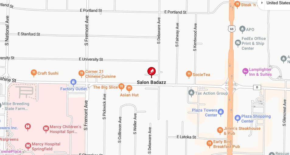 Map showing the location of Precision Springfield Curls at 1531 E Sunshine St, Springfield, MO.